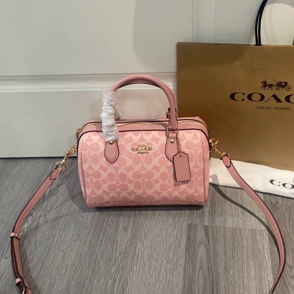 Coach Rowan Large Satchel Bag 2way In Signature Canvas In Powder Pink CAO77 NWT - Picture 2 of 8